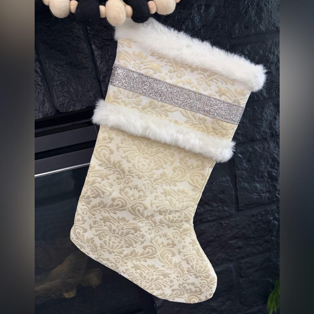 Ivory damask and white fur luxury Christmas stocking